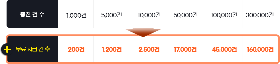 충전건수 1,000건 ~ 300,000건 + 무료 지급건 수 200건 ~ 160,000건